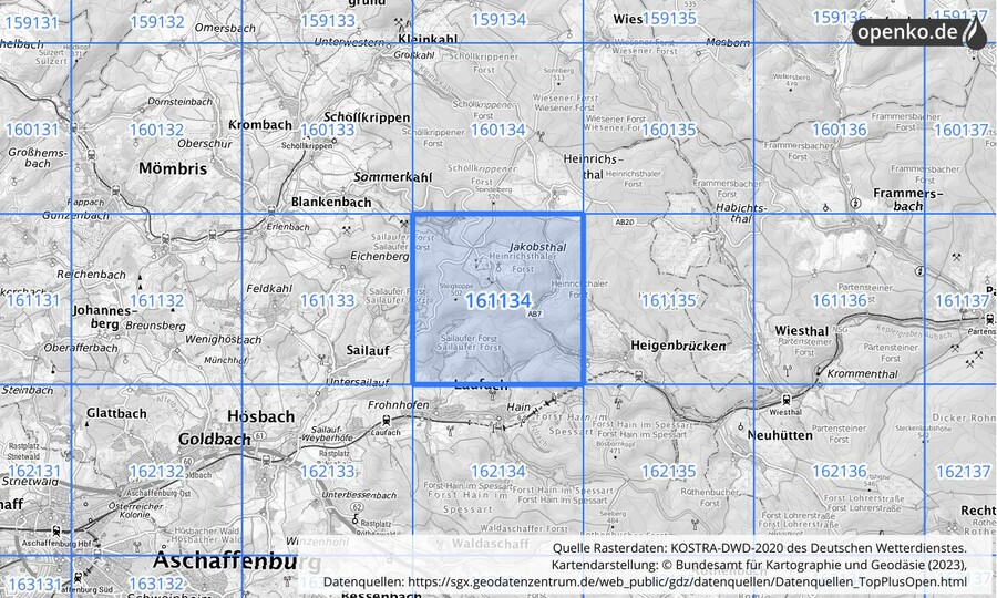 Übersichtskarte des KOSTRA-DWD-2020-Rasterfeldes Nr. 161134