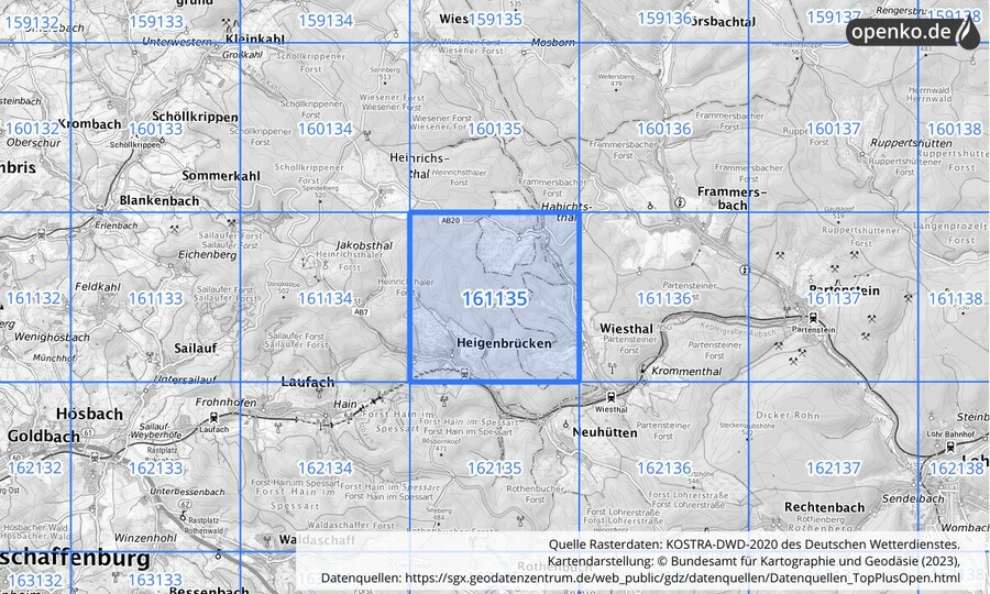 Übersichtskarte des KOSTRA-DWD-2020-Rasterfeldes Nr. 161135
