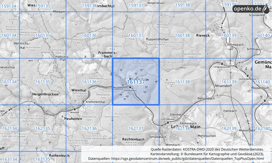 Übersichtskarte des KOSTRA-DWD-2020-Rasterfeldes Nr. 161137