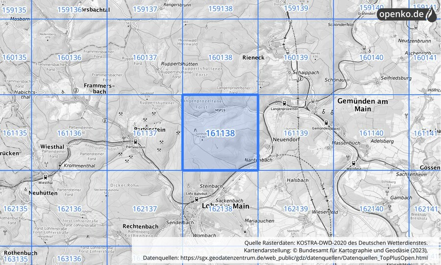 Übersichtskarte des KOSTRA-DWD-2020-Rasterfeldes Nr. 161138
