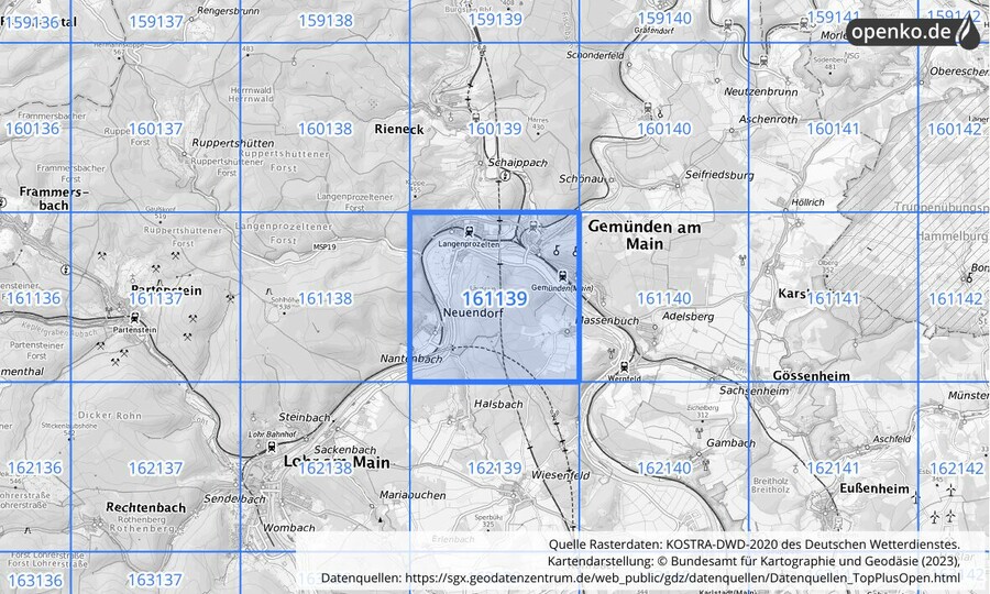 Übersichtskarte des KOSTRA-DWD-2020-Rasterfeldes Nr. 161139