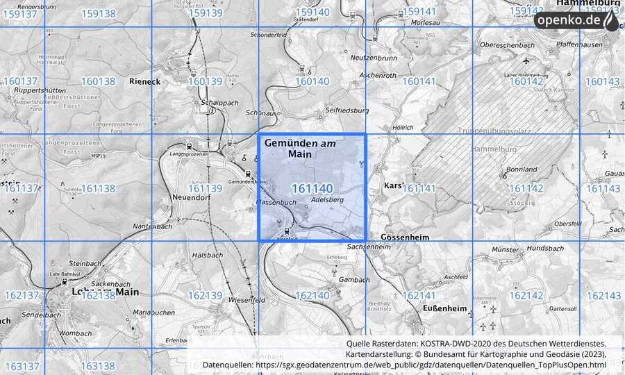 Übersichtskarte des KOSTRA-DWD-2020-Rasterfeldes Nr. 161140