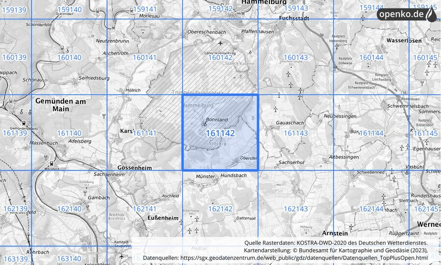 Übersichtskarte des KOSTRA-DWD-2020-Rasterfeldes Nr. 161142