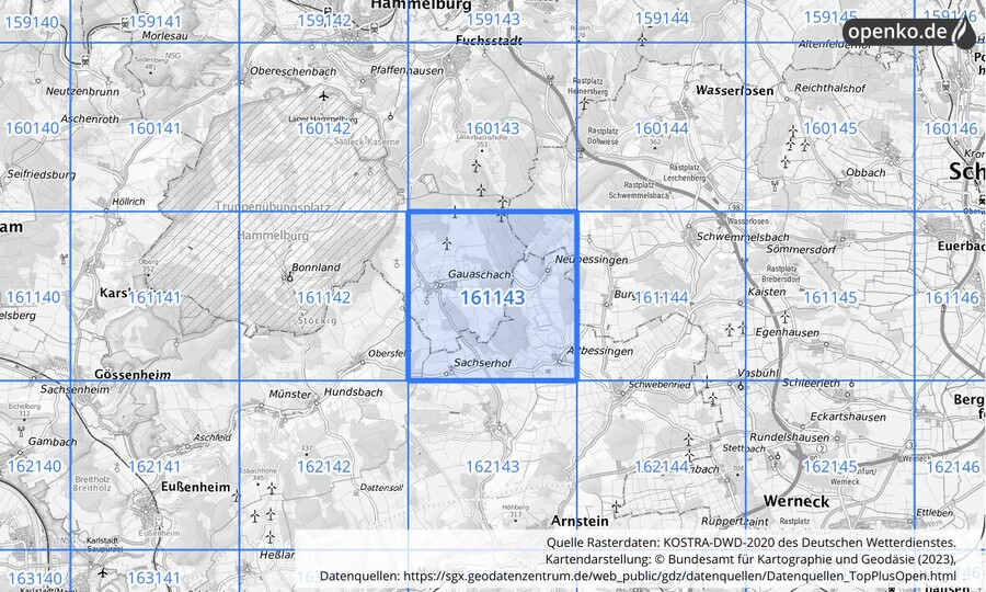 Übersichtskarte des KOSTRA-DWD-2020-Rasterfeldes Nr. 161143