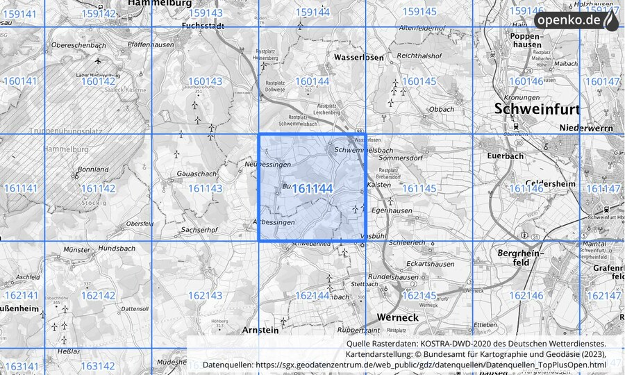 Übersichtskarte des KOSTRA-DWD-2020-Rasterfeldes Nr. 161144
