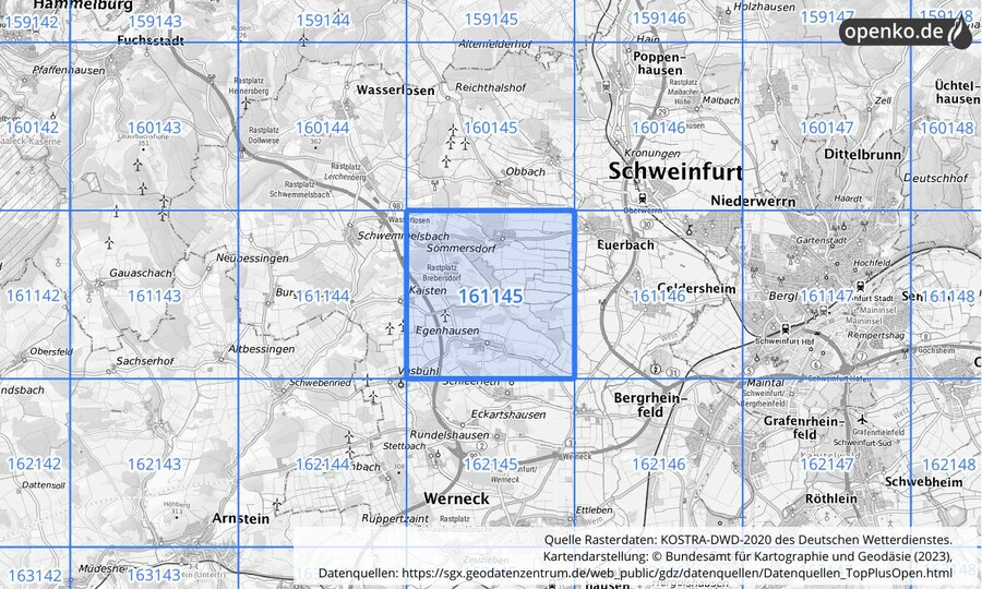 Übersichtskarte des KOSTRA-DWD-2020-Rasterfeldes Nr. 161145