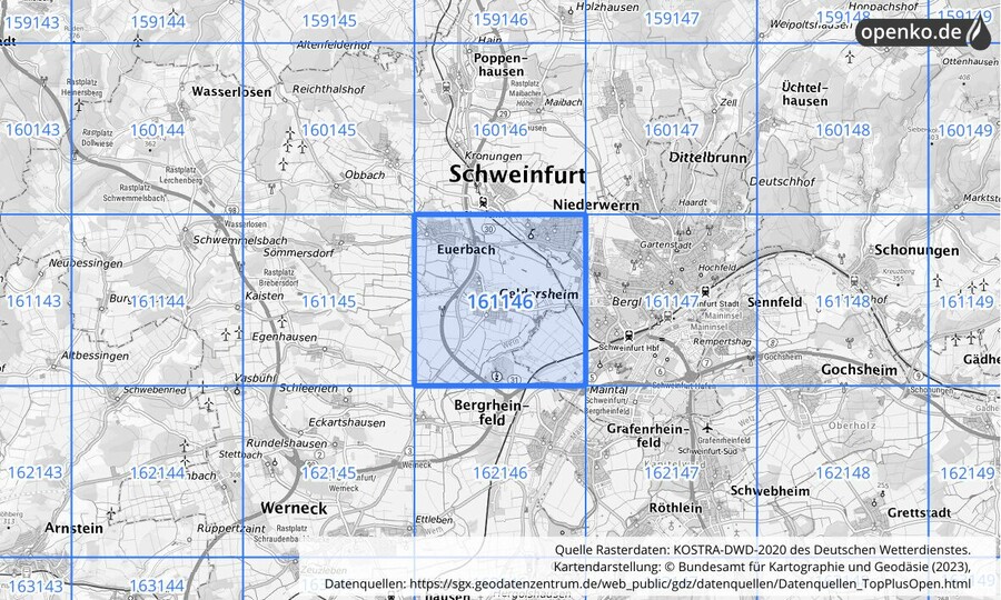 Übersichtskarte des KOSTRA-DWD-2020-Rasterfeldes Nr. 161146