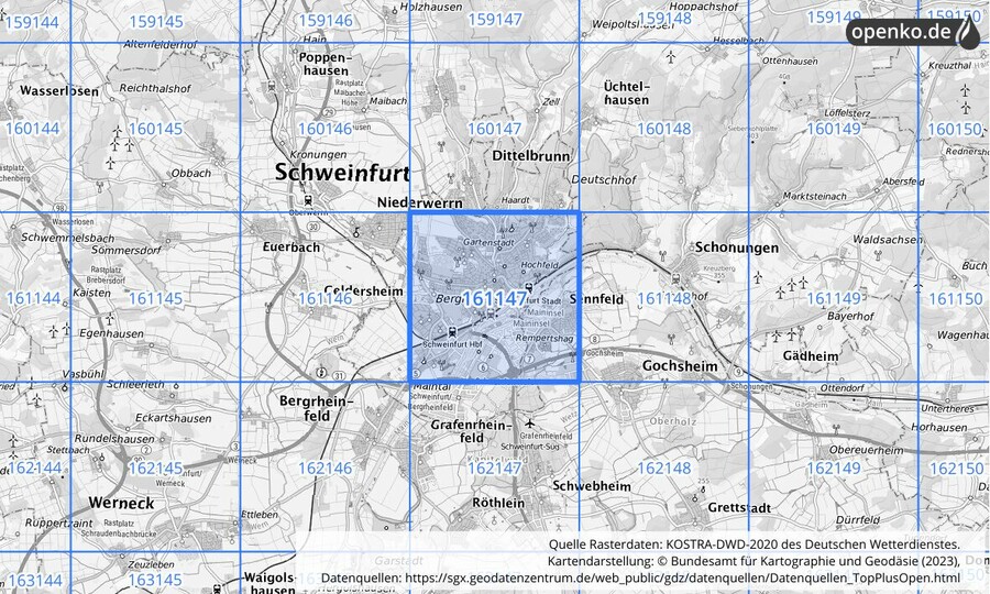 Übersichtskarte des KOSTRA-DWD-2020-Rasterfeldes Nr. 161147