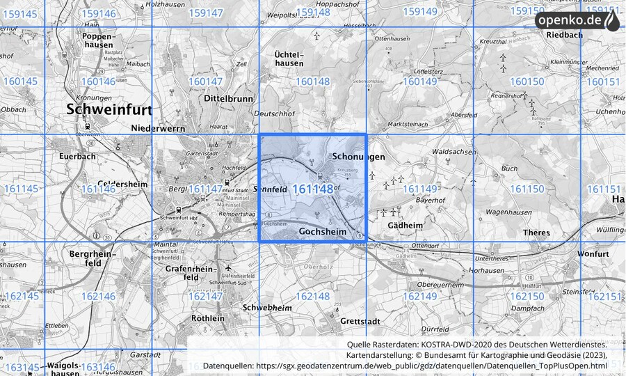 Übersichtskarte des KOSTRA-DWD-2020-Rasterfeldes Nr. 161148