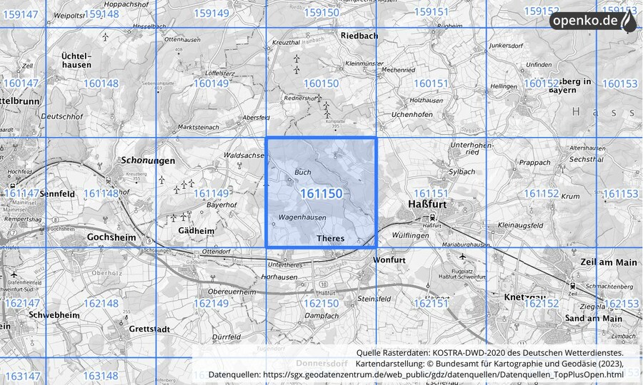 Übersichtskarte des KOSTRA-DWD-2020-Rasterfeldes Nr. 161150