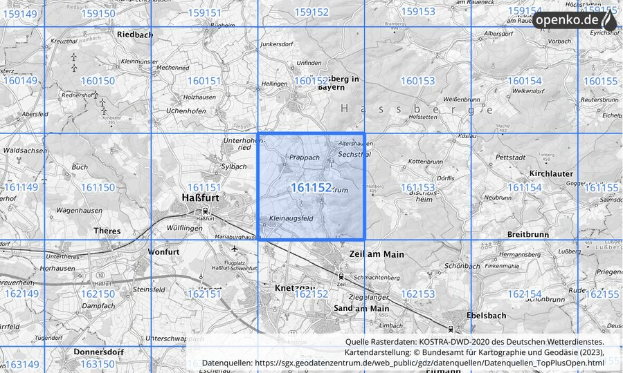 Übersichtskarte des KOSTRA-DWD-2020-Rasterfeldes Nr. 161152