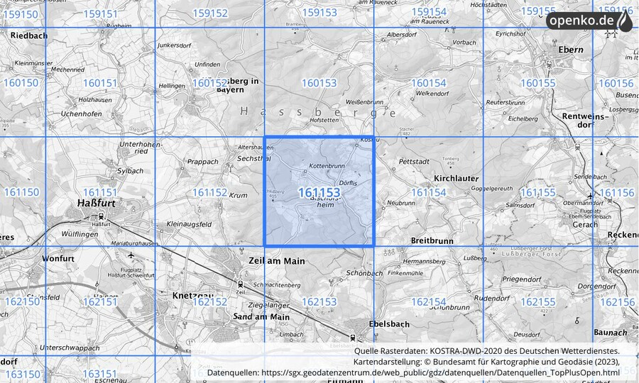 Übersichtskarte des KOSTRA-DWD-2020-Rasterfeldes Nr. 161153