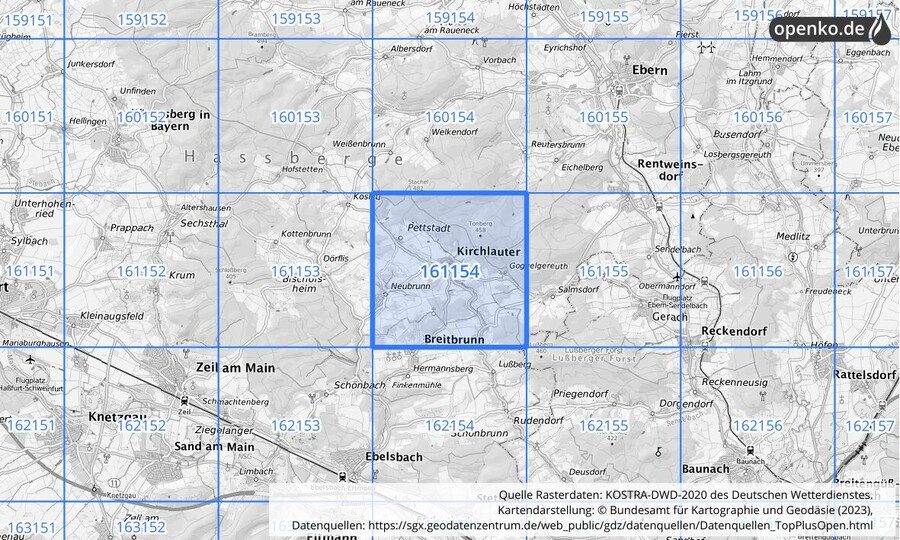 Übersichtskarte des KOSTRA-DWD-2020-Rasterfeldes Nr. 161154