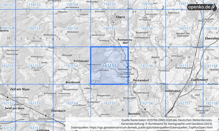 Übersichtskarte des KOSTRA-DWD-2020-Rasterfeldes Nr. 161155
