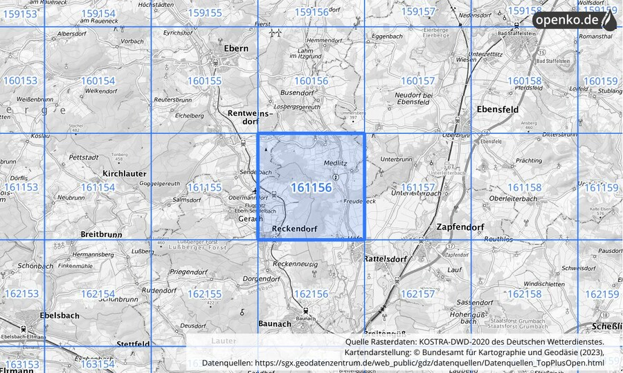 Übersichtskarte des KOSTRA-DWD-2020-Rasterfeldes Nr. 161156