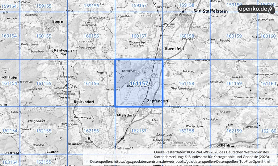 Übersichtskarte des KOSTRA-DWD-2020-Rasterfeldes Nr. 161157