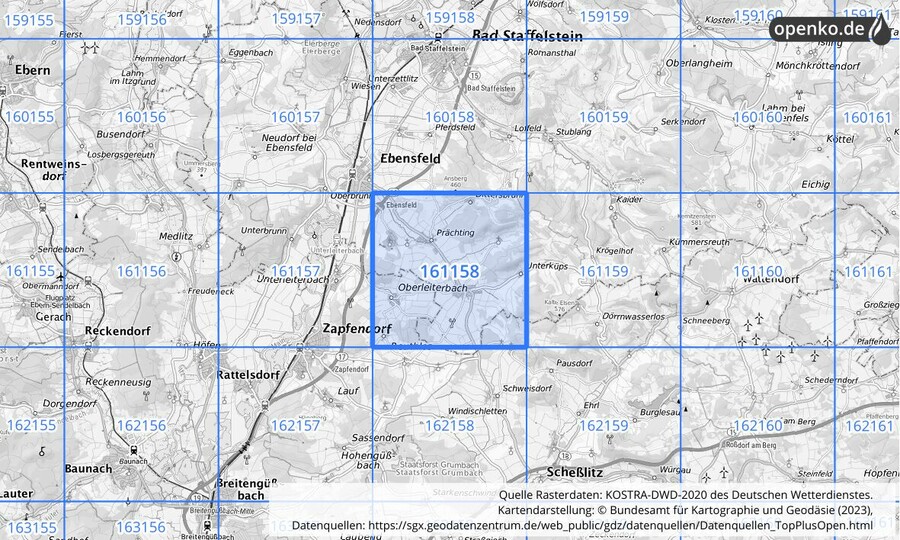 Übersichtskarte des KOSTRA-DWD-2020-Rasterfeldes Nr. 161158