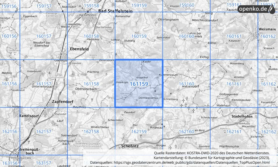 Übersichtskarte des KOSTRA-DWD-2020-Rasterfeldes Nr. 161159