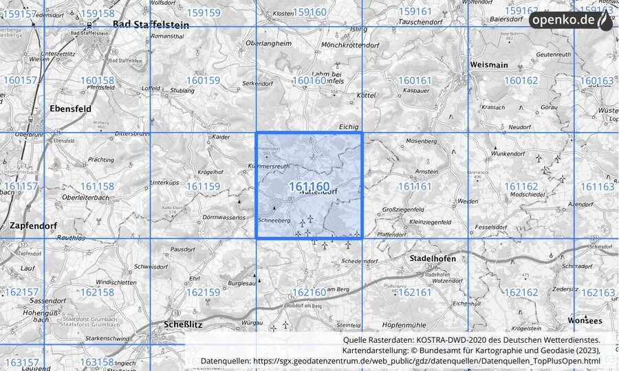 Übersichtskarte des KOSTRA-DWD-2020-Rasterfeldes Nr. 161160