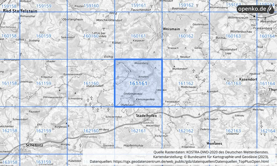 Übersichtskarte des KOSTRA-DWD-2020-Rasterfeldes Nr. 161161