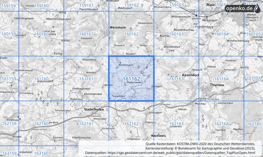 Übersichtskarte des KOSTRA-DWD-2020-Rasterfeldes Nr. 161162