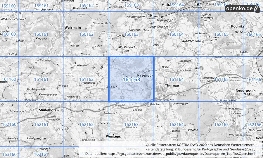 Übersichtskarte des KOSTRA-DWD-2020-Rasterfeldes Nr. 161163