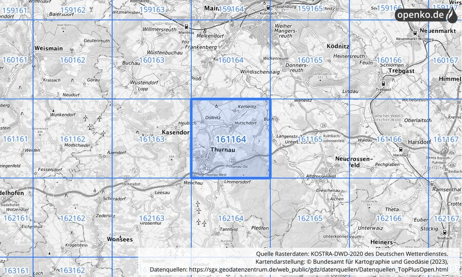 Übersichtskarte des KOSTRA-DWD-2020-Rasterfeldes Nr. 161164