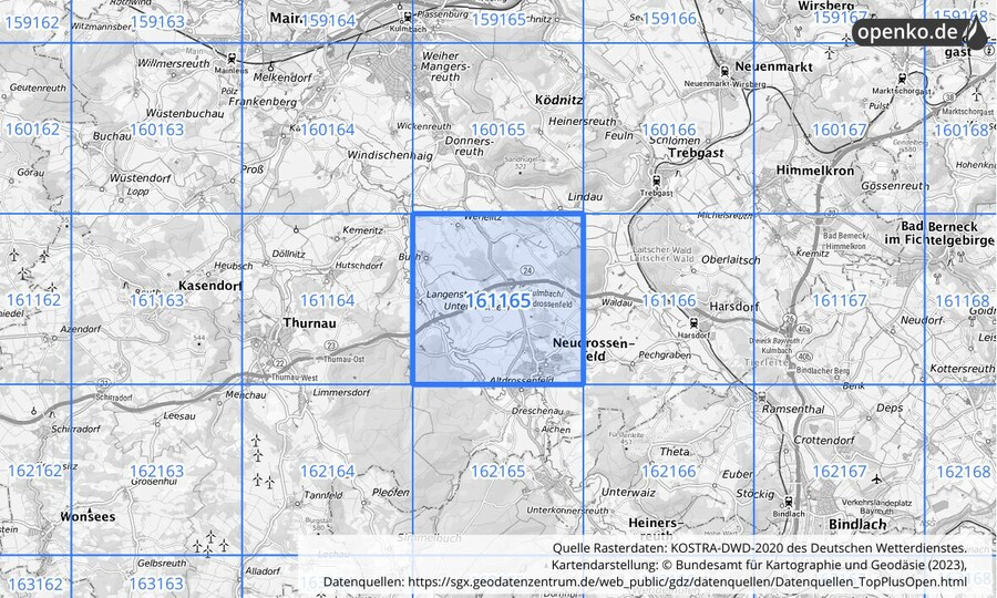 Übersichtskarte des KOSTRA-DWD-2020-Rasterfeldes Nr. 161165