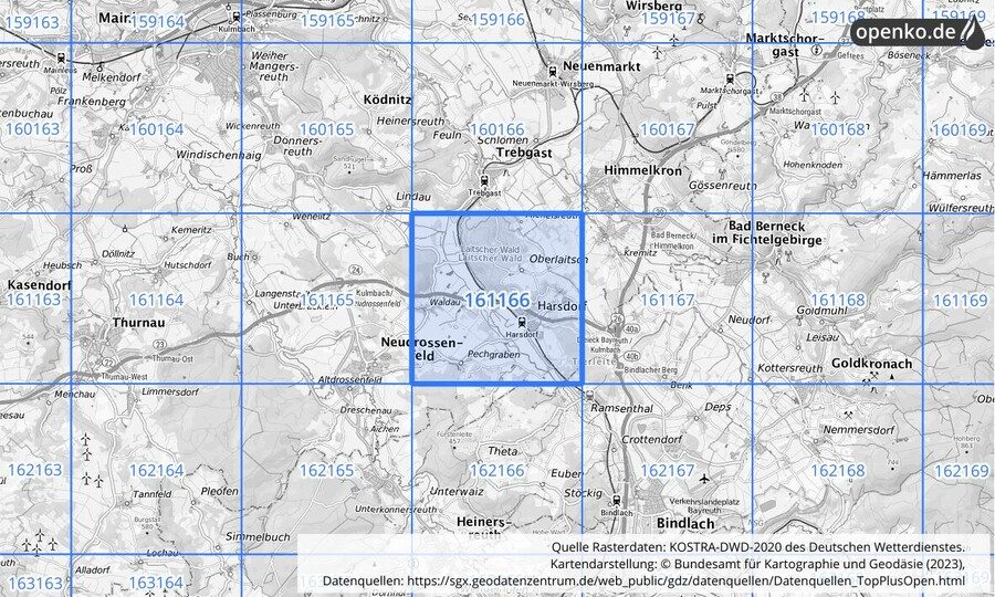 Übersichtskarte des KOSTRA-DWD-2020-Rasterfeldes Nr. 161166