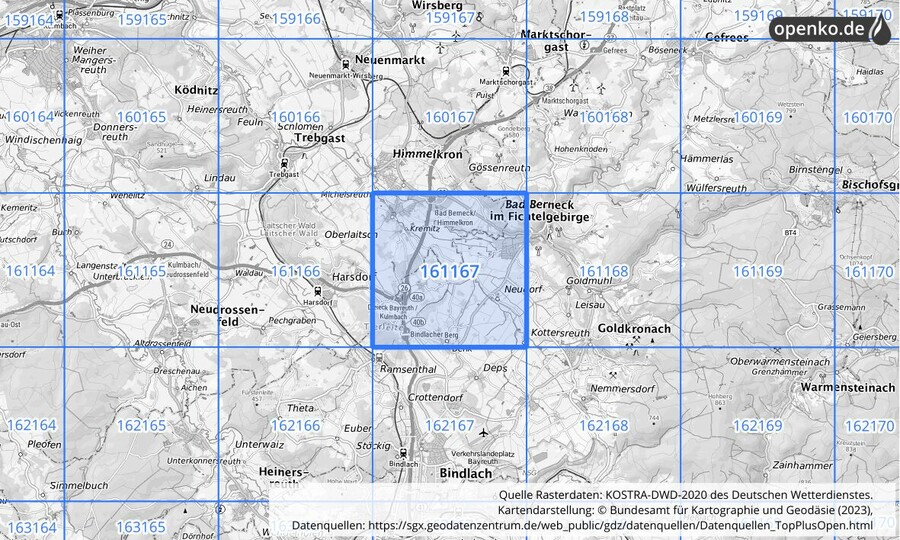 Übersichtskarte des KOSTRA-DWD-2020-Rasterfeldes Nr. 161167