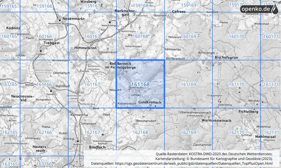 Übersichtskarte des KOSTRA-DWD-2020-Rasterfeldes Nr. 161168