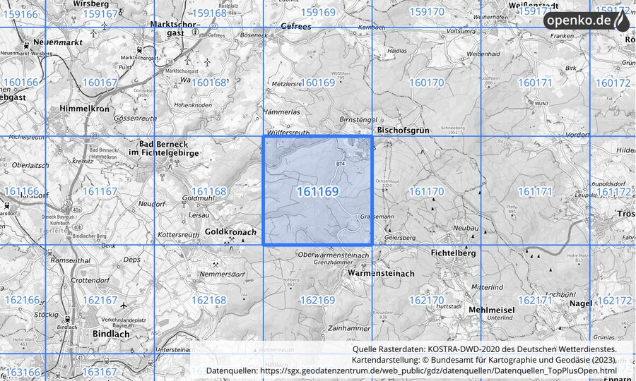 Übersichtskarte des KOSTRA-DWD-2020-Rasterfeldes Nr. 161169