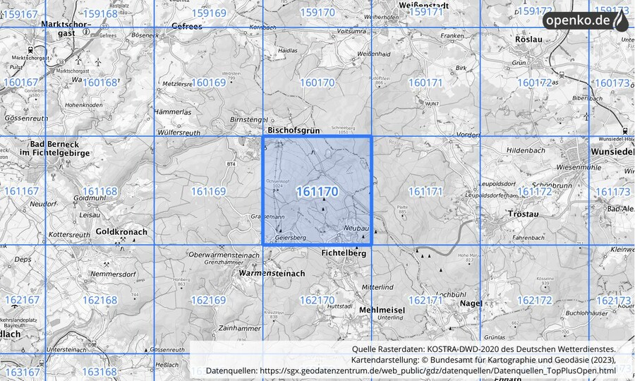 Übersichtskarte des KOSTRA-DWD-2020-Rasterfeldes Nr. 161170