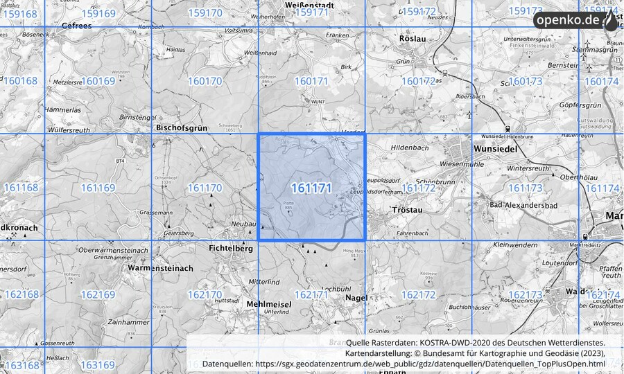 Übersichtskarte des KOSTRA-DWD-2020-Rasterfeldes Nr. 161171