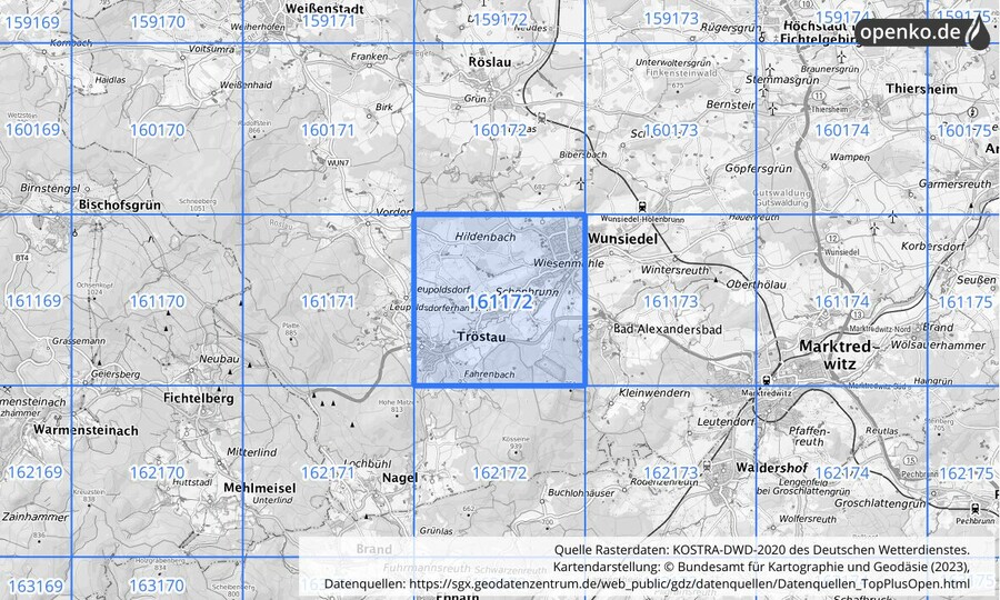 Übersichtskarte des KOSTRA-DWD-2020-Rasterfeldes Nr. 161172