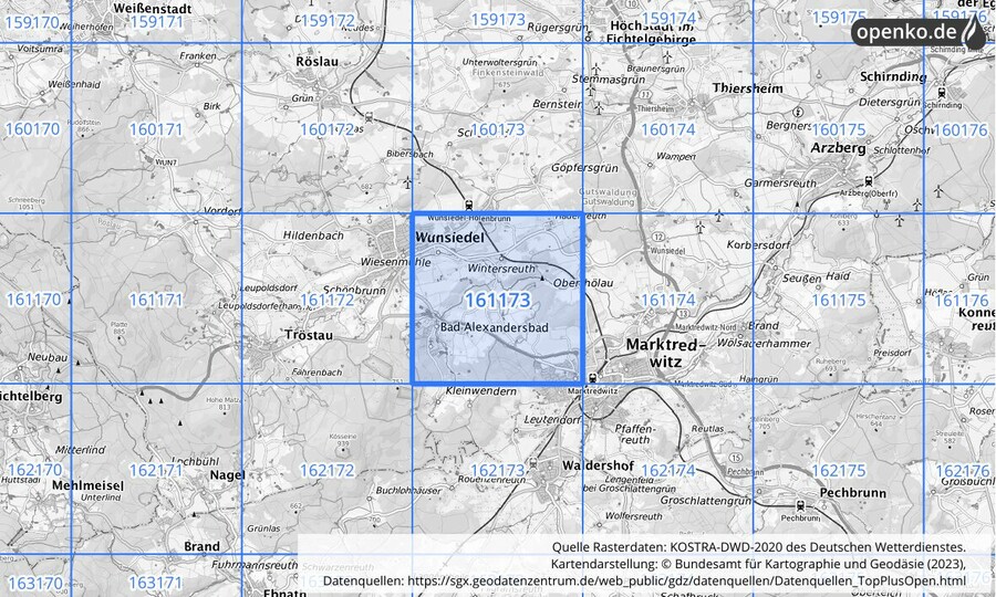 Übersichtskarte des KOSTRA-DWD-2020-Rasterfeldes Nr. 161173