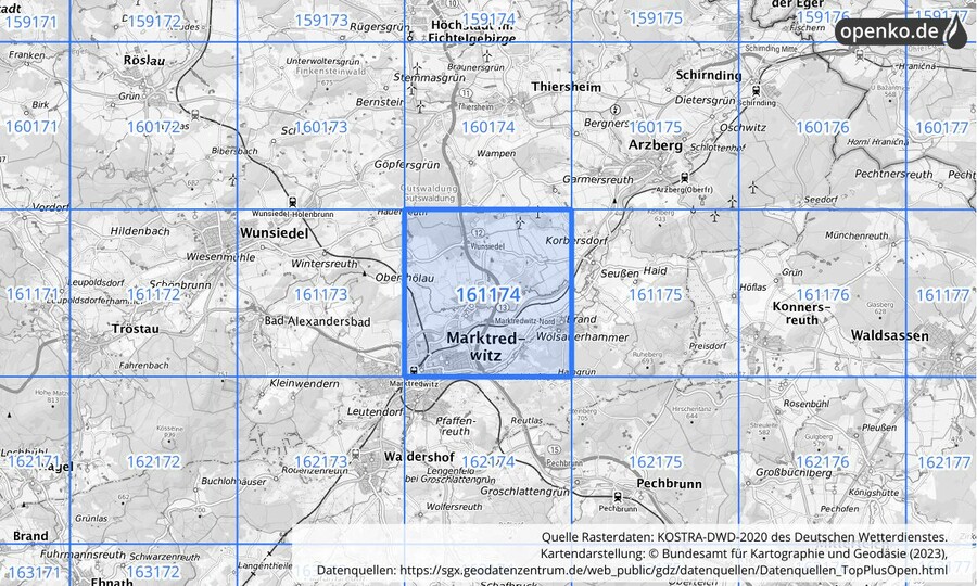 Übersichtskarte des KOSTRA-DWD-2020-Rasterfeldes Nr. 161174