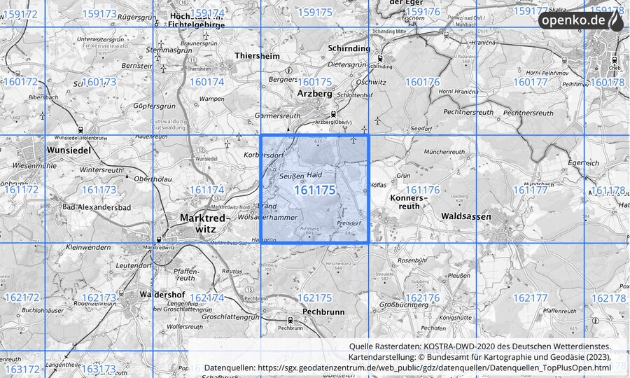 Übersichtskarte des KOSTRA-DWD-2020-Rasterfeldes Nr. 161175