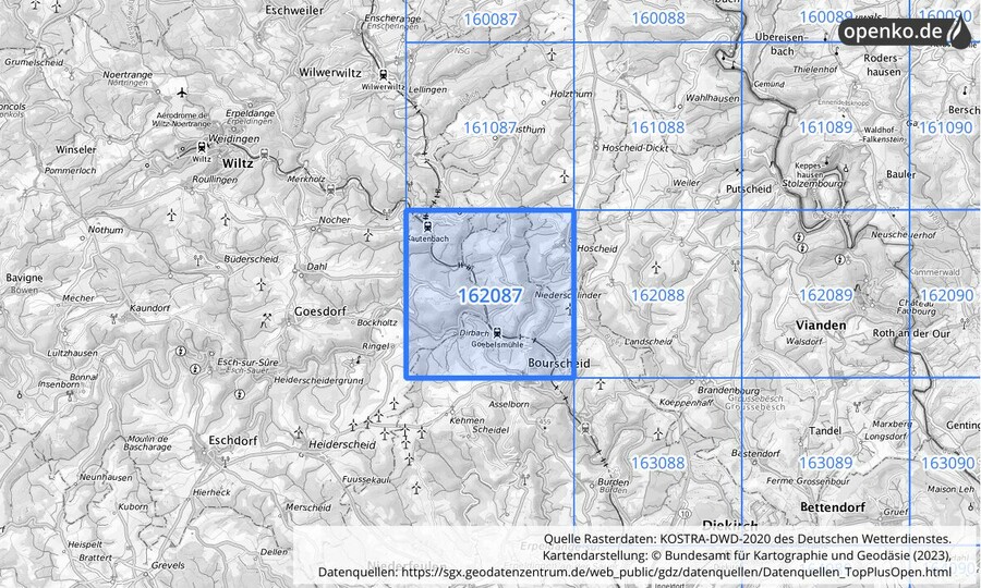 Übersichtskarte des KOSTRA-DWD-2020-Rasterfeldes Nr. 162087