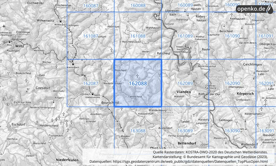 Übersichtskarte des KOSTRA-DWD-2020-Rasterfeldes Nr. 162088