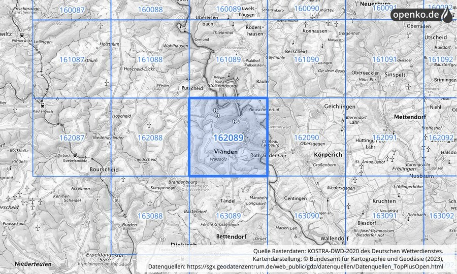 Übersichtskarte des KOSTRA-DWD-2020-Rasterfeldes Nr. 162089