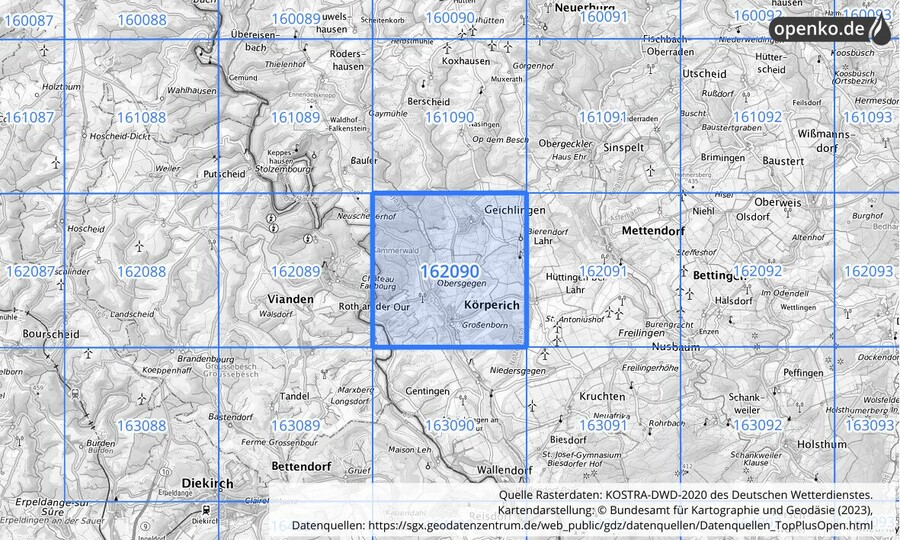 Übersichtskarte des KOSTRA-DWD-2020-Rasterfeldes Nr. 162090