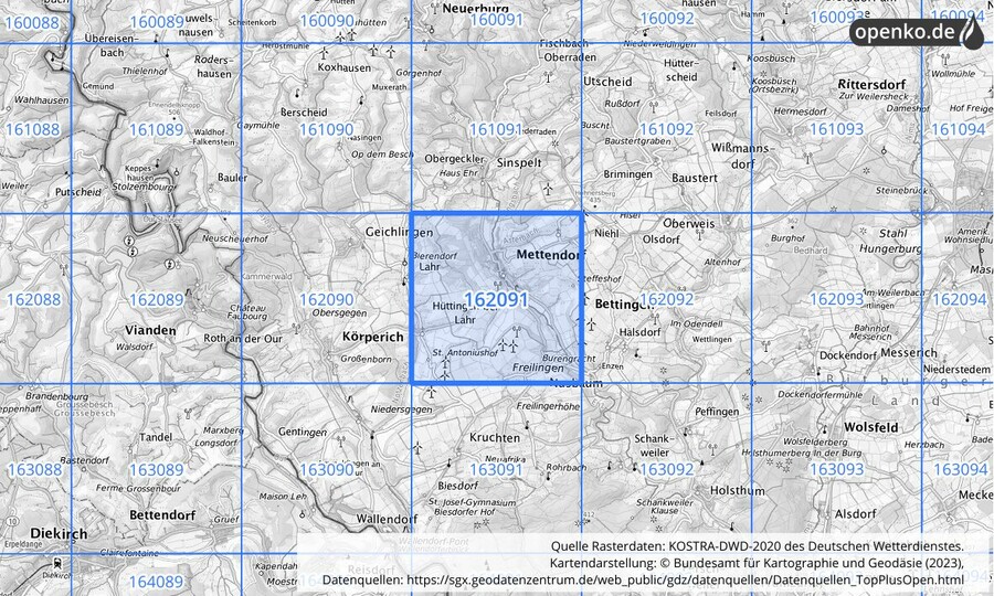 Übersichtskarte des KOSTRA-DWD-2020-Rasterfeldes Nr. 162091