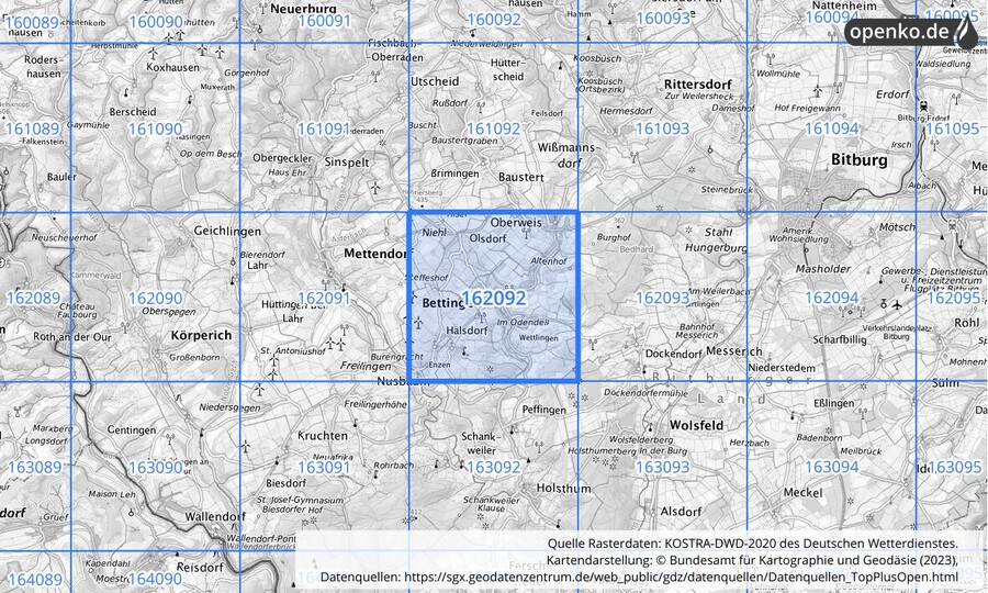Übersichtskarte des KOSTRA-DWD-2020-Rasterfeldes Nr. 162092