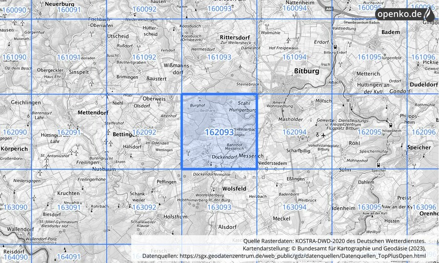 Übersichtskarte des KOSTRA-DWD-2020-Rasterfeldes Nr. 162093