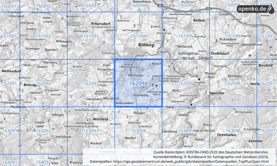Übersichtskarte des KOSTRA-DWD-2020-Rasterfeldes Nr. 162094