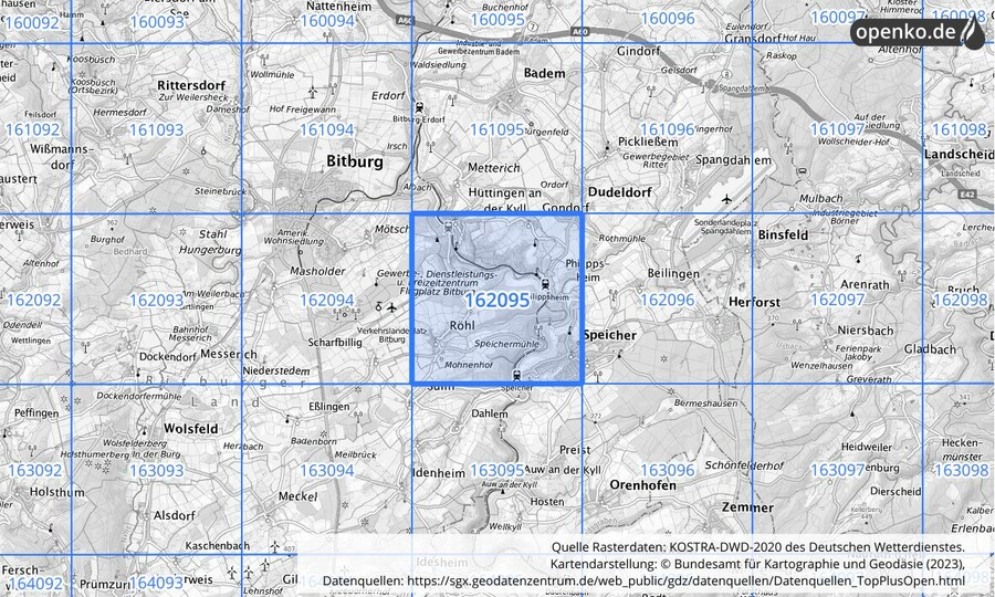 Übersichtskarte des KOSTRA-DWD-2020-Rasterfeldes Nr. 162095