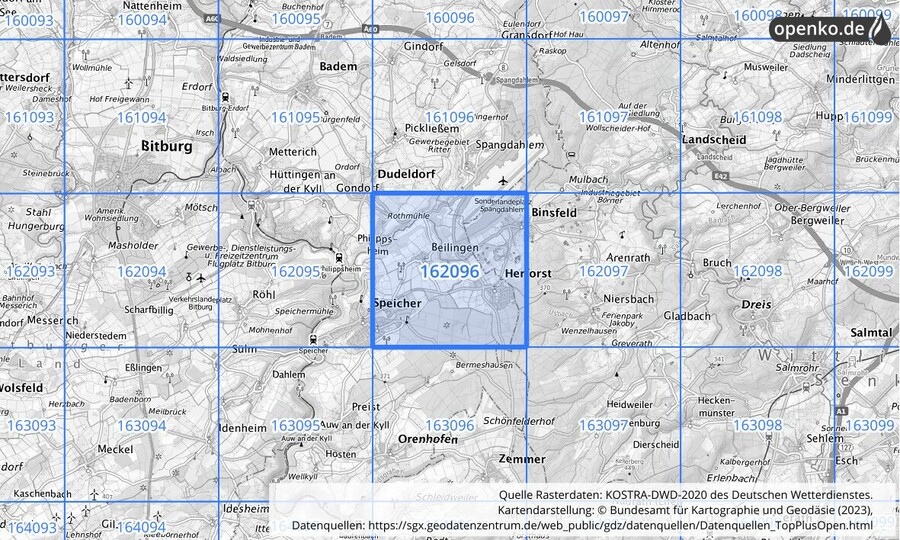 Übersichtskarte des KOSTRA-DWD-2020-Rasterfeldes Nr. 162096