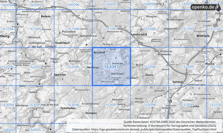 Übersichtskarte des KOSTRA-DWD-2020-Rasterfeldes Nr. 162097