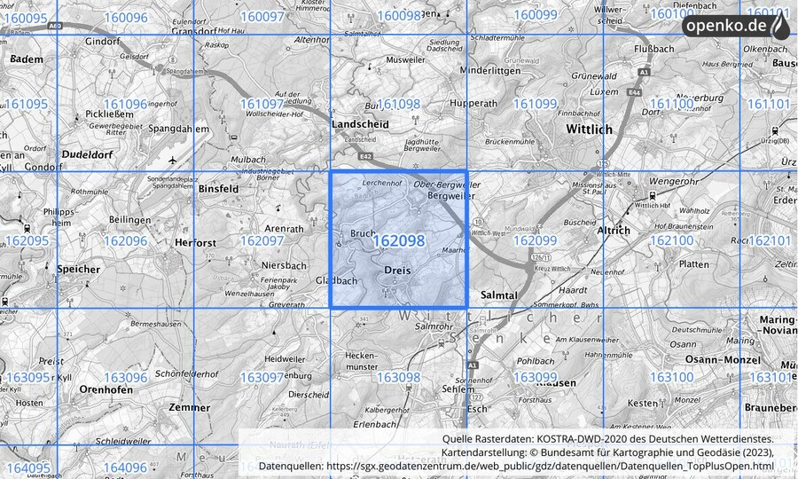 Übersichtskarte des KOSTRA-DWD-2020-Rasterfeldes Nr. 162098